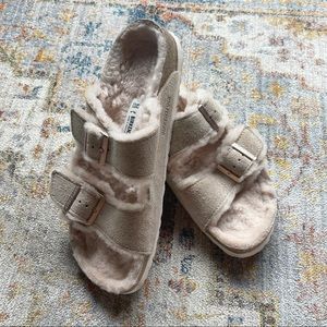 Birkenstock Beige Suede Shearling Arizona Style Sandals